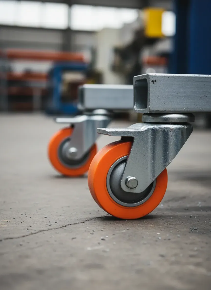 Close-up of heavy-duty retractable polyurethane casters engaged on a concrete shop floor