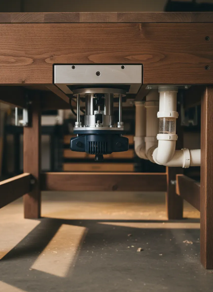 Underside view showing a built-in router lift and integrated PVC dust collection plumbing