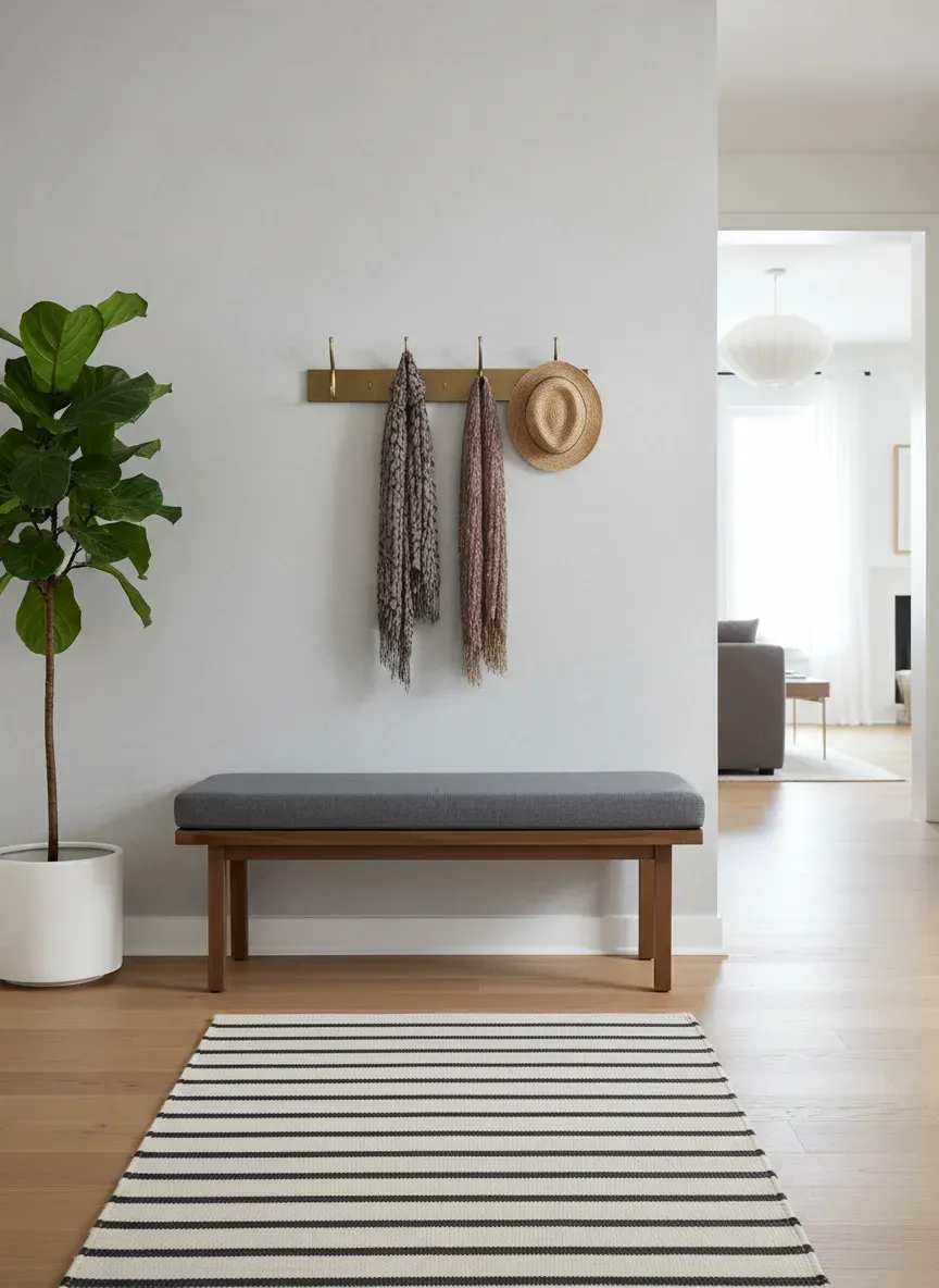 A modern entryway with a bench, wall hooks, and a runner rug ensuring clearance