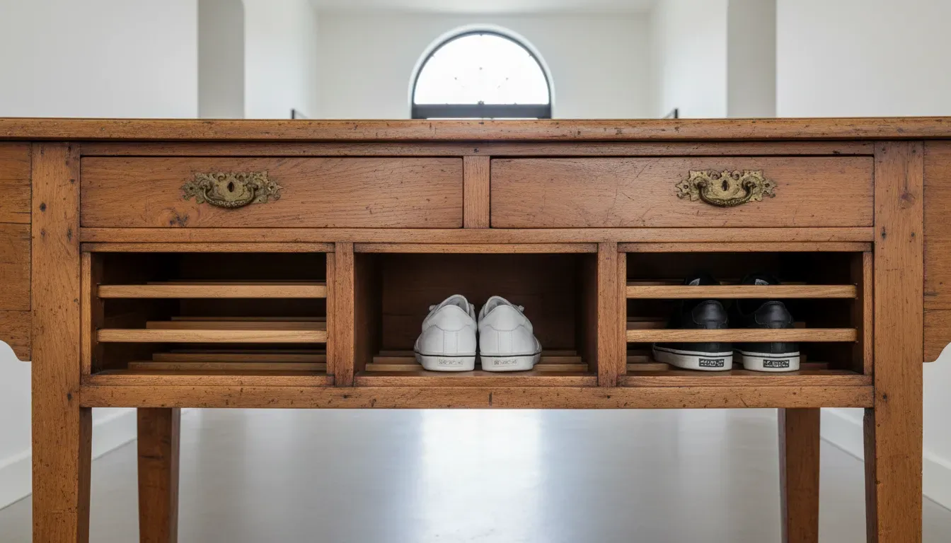 A detailed close up of a vintage wooden console table with drawers removed to show potential for shoe shelving