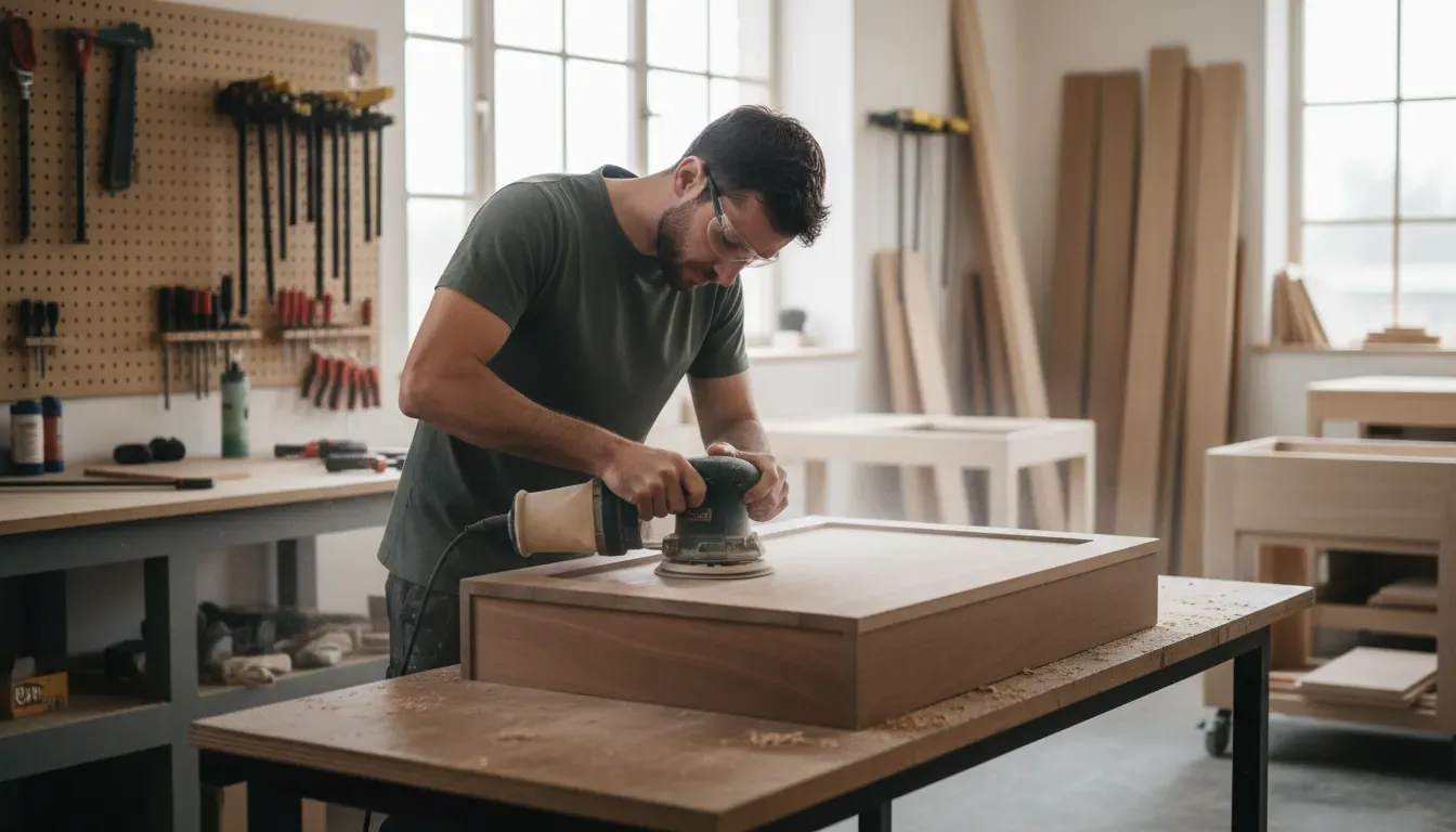 A person sanding a wooden cabinet with an electric orbital sander in a workshop setting