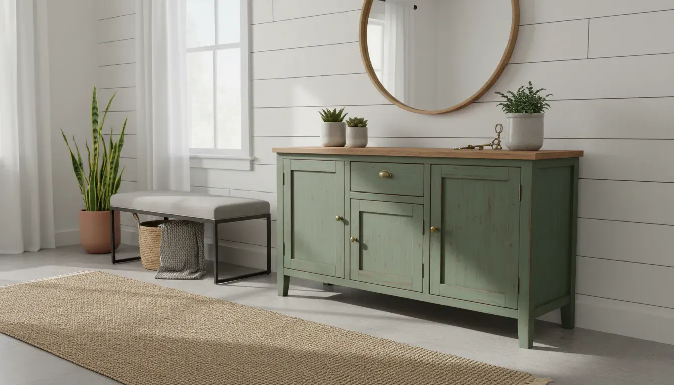 Styled entryway with a green upcycled cabinet, round mirror, and a jute runner rug