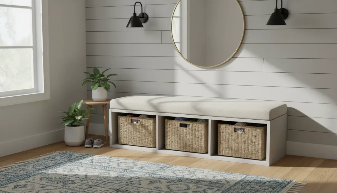 A stylish modern upholstered entryway bench with hidden storage compartments in a well-lit foyer
