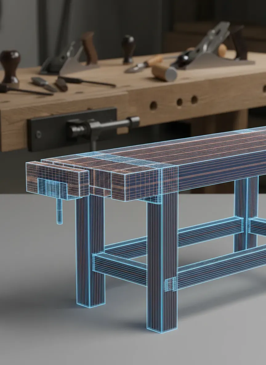 3D CAD wireframe of a heavy-duty Roubo workbench showing internal mortise and tenon joinery