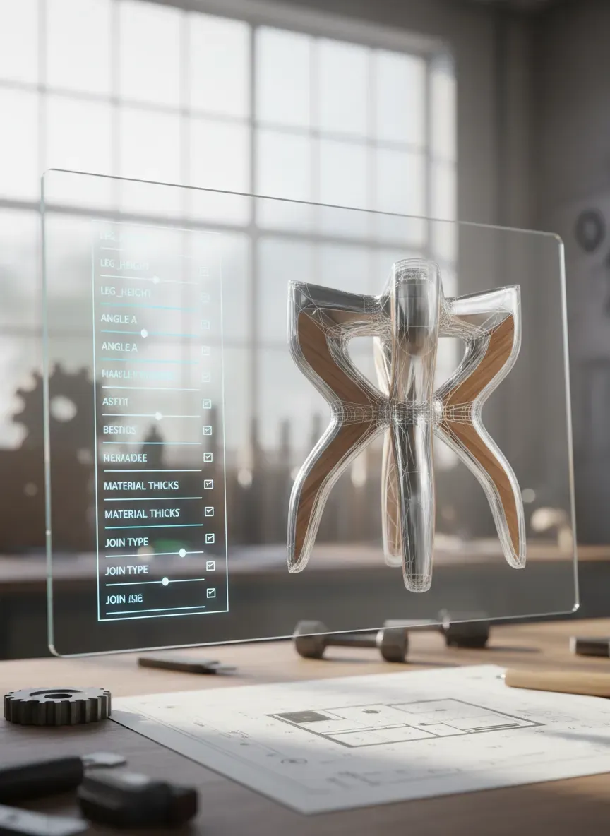 Parametric user interface displaying a list of variables alongside a 3D rendering of workbench legs