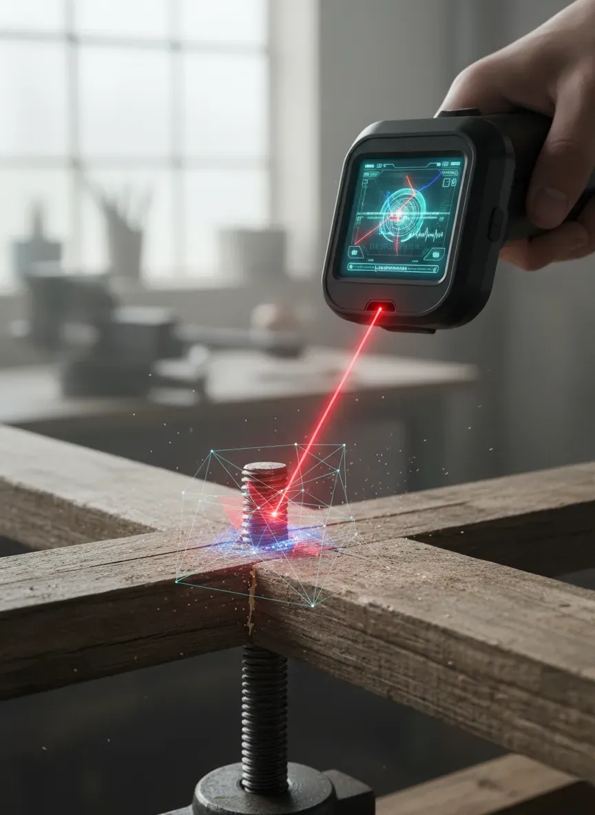Close-up of a digital interference detection tool highlighting a clash between a vise screw and a wooden stretcher