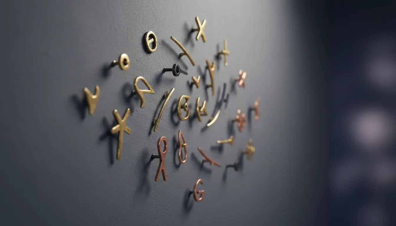 An artistic arrangement of hooks in a constellation pattern on a dark wall