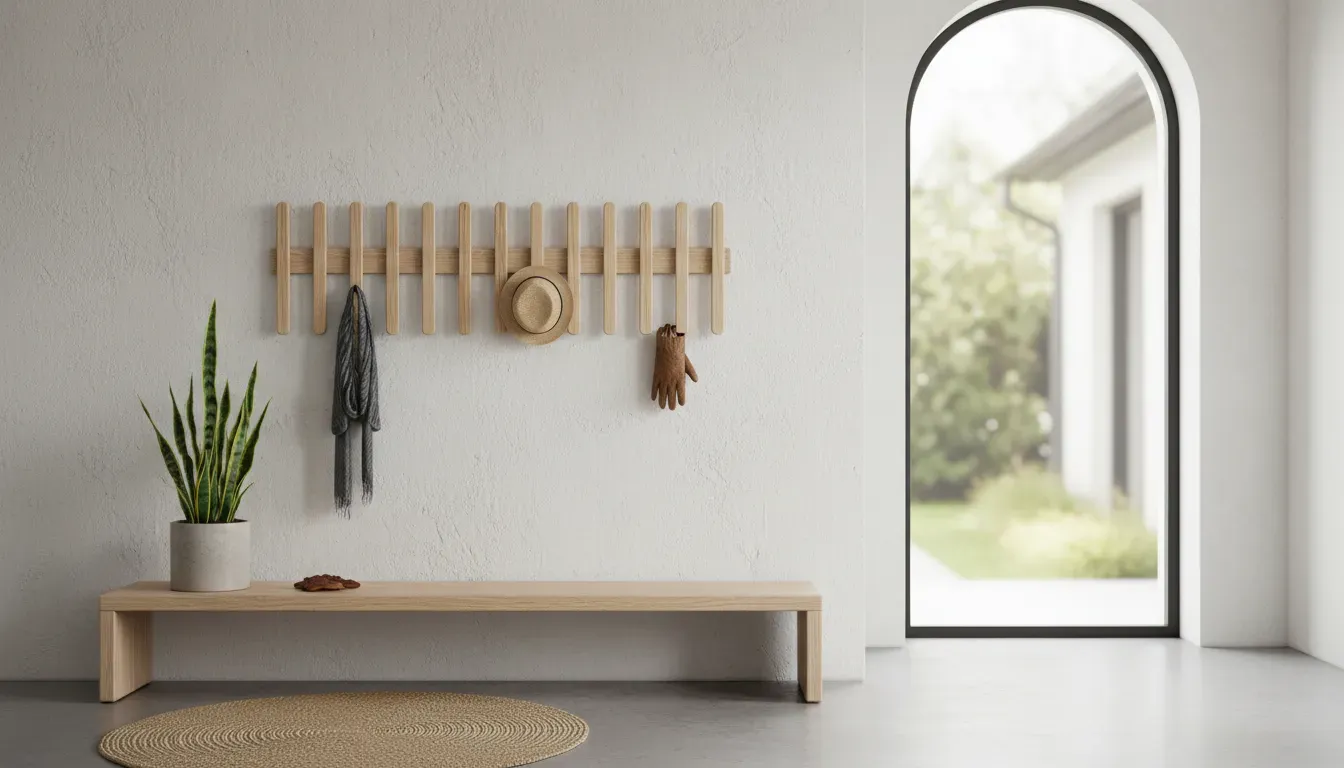 A minimalist entryway featuring a retractable picket rail hook
