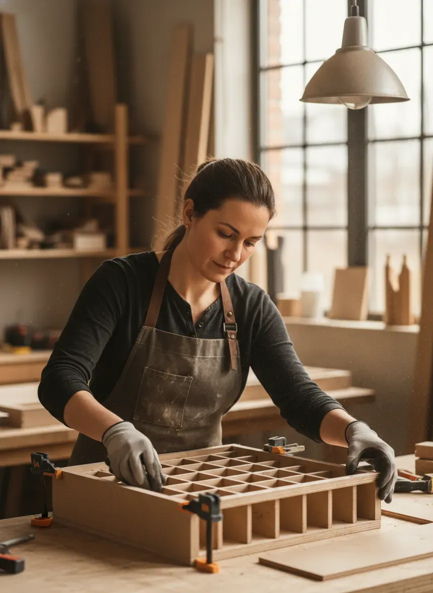 Constructing the internal grid of a torsion box for an MDF workbench.