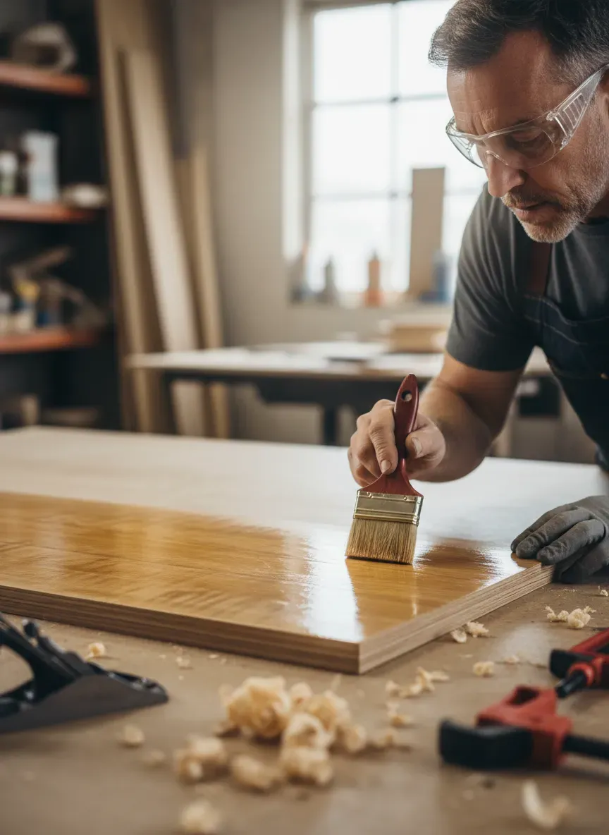 A close-up of a woodworker applying a shellac finish to a freshly edge-banded MDF assembly table.