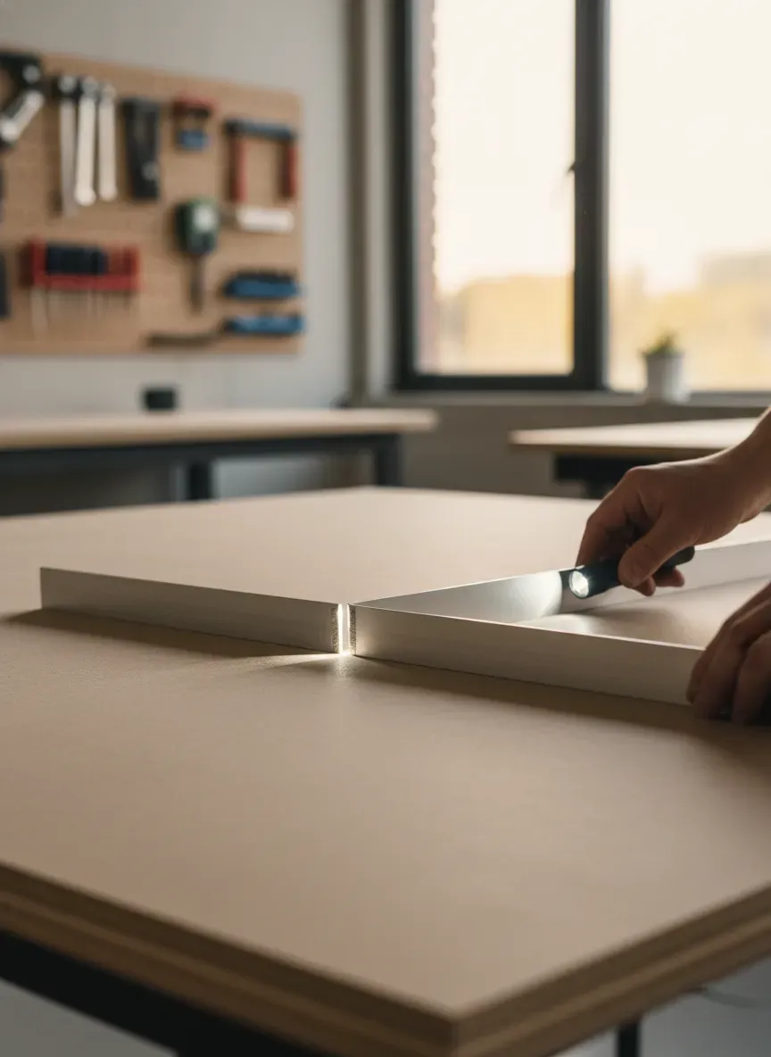 A precision straight edge being used to check the final flatness of a completed MDF work surface.
