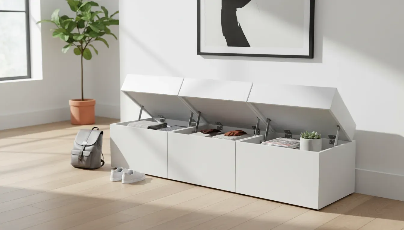 A modern white entryway bench with flip-top storage functionality illustrating hidden compartments