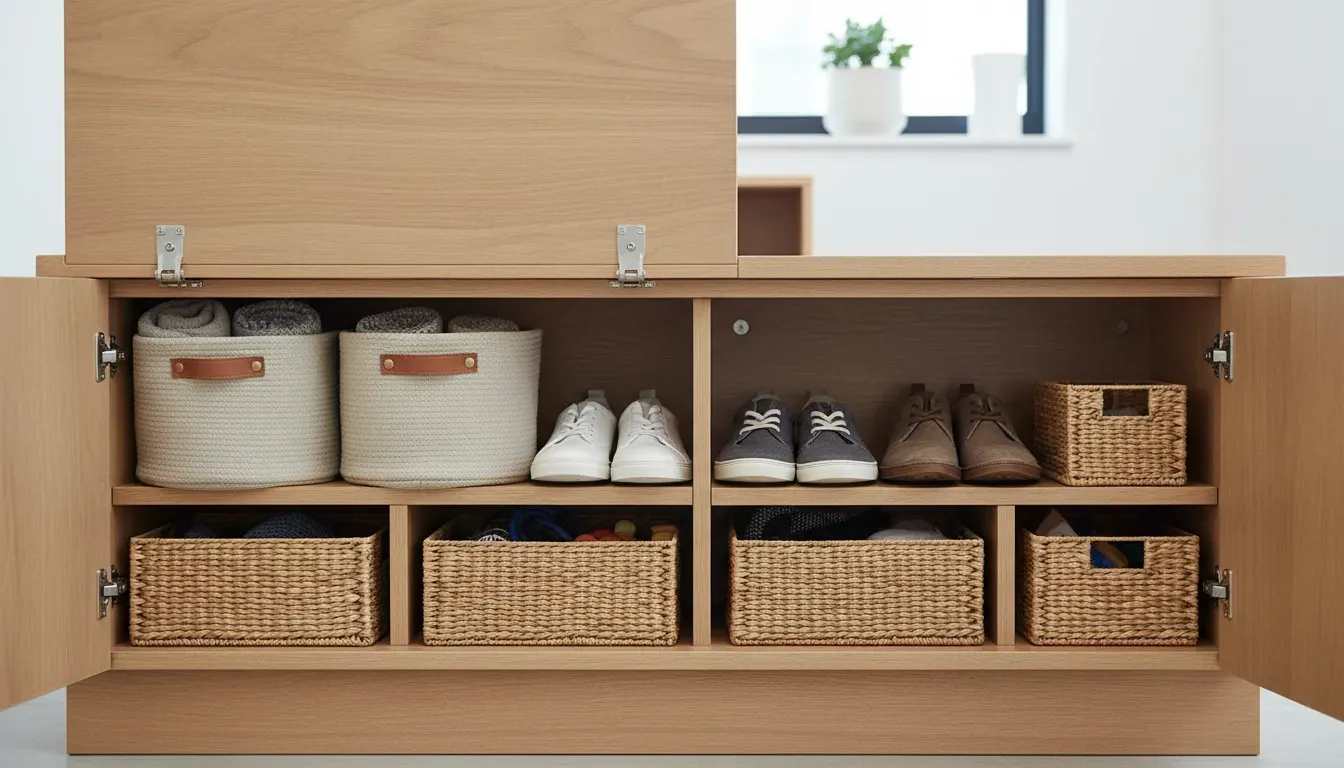 Interior view of a storage bench showing organized baskets and shoe compartments