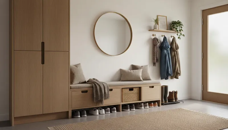 A stylish wooden entryway bench with storage baskets underneath located in a well-lit foyer