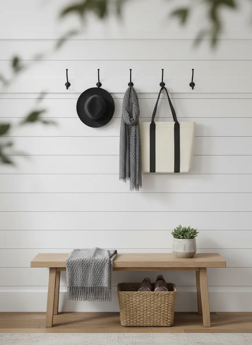 White board-and-batten wall treatment functioning as a backing for entryway bench and black hardware hooks