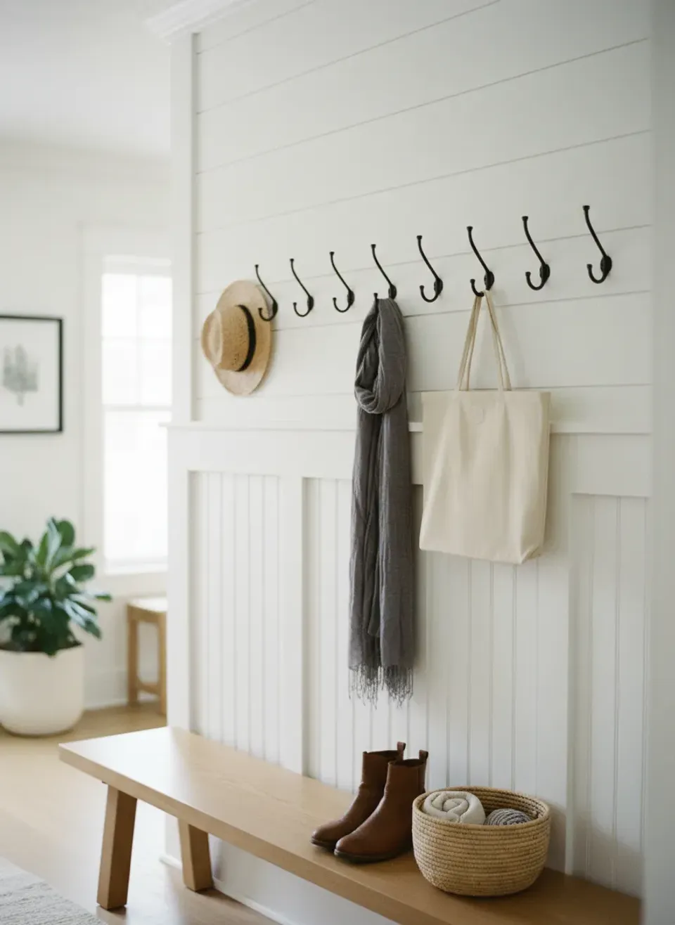 Using Shiplap and Board-and-Batten for Aesthetic Entryway Organization Backing