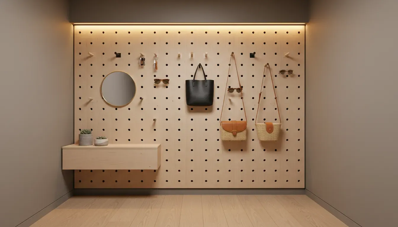 A stylish, modern pegboard organization wall in a narrow hallway holding keys, sunglasses, and bags