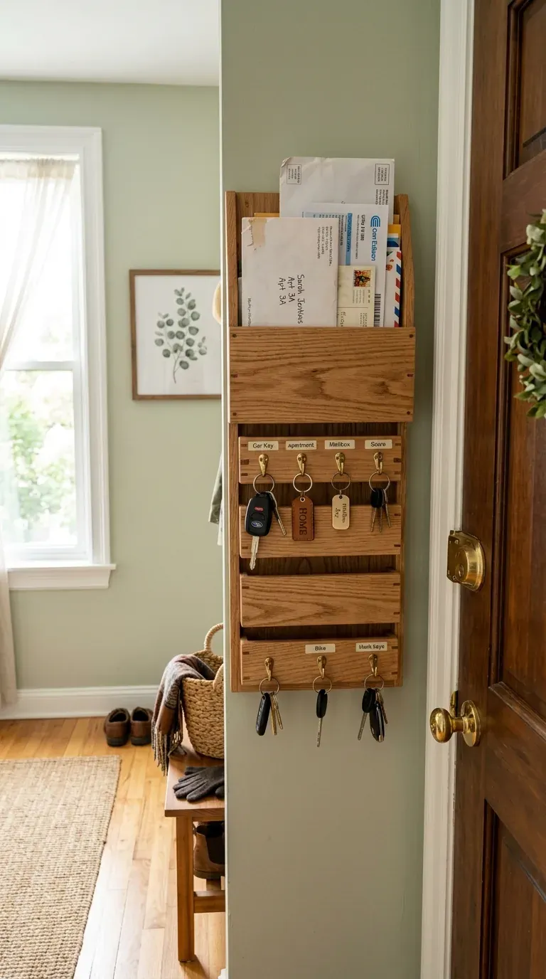 stacked vertical key holder with mail pocket in small apartment entryway
