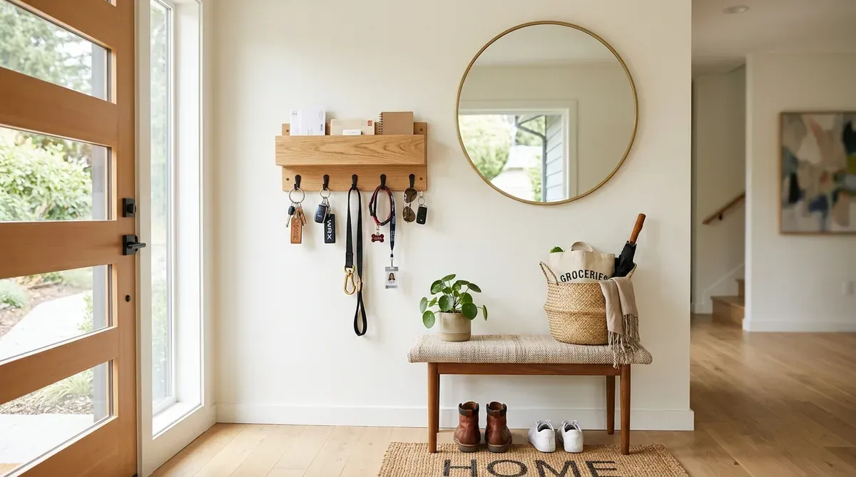 styled vertical key holder with plant and small shelf in modern entryway