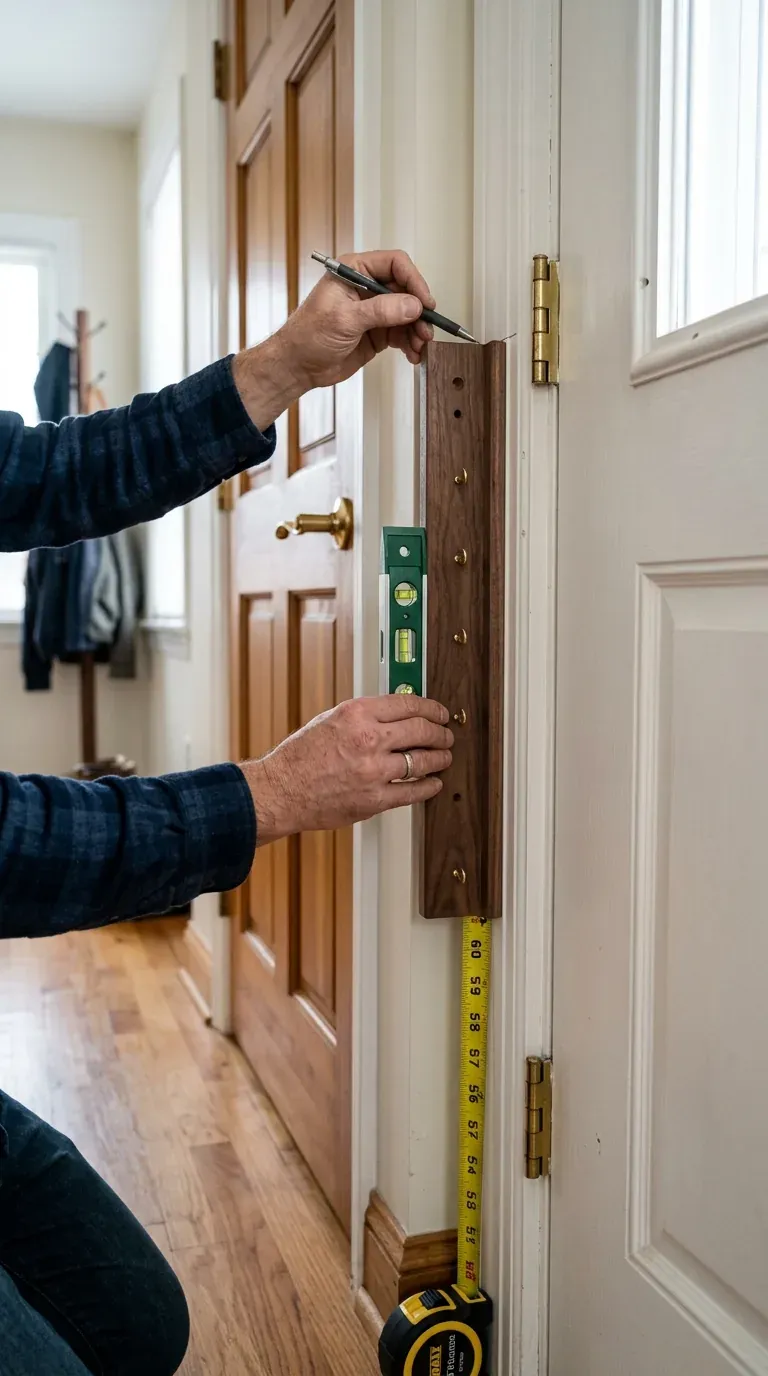 hands installing vertical key holder with level and tape measure at 55-60 inches on narrow trim wall