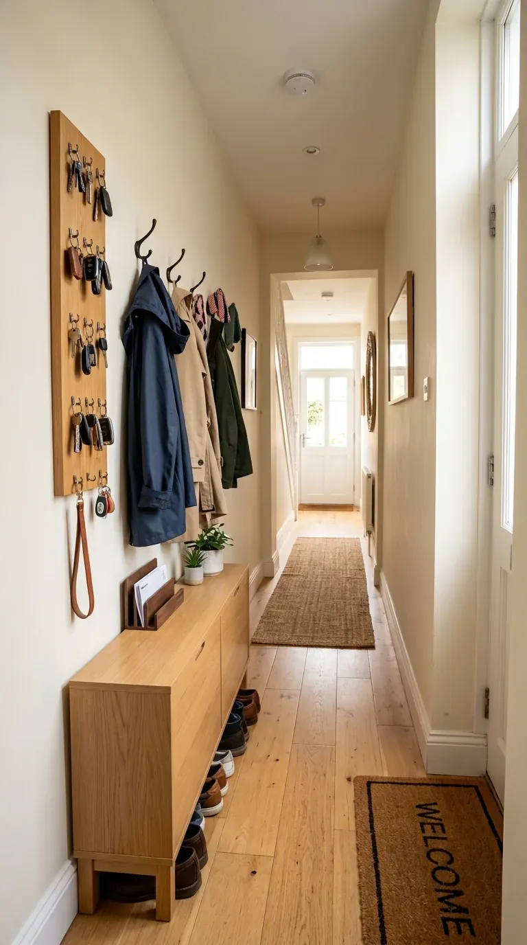 Small narrow hallway with vertical key holder tower above shoe cabinet and coats