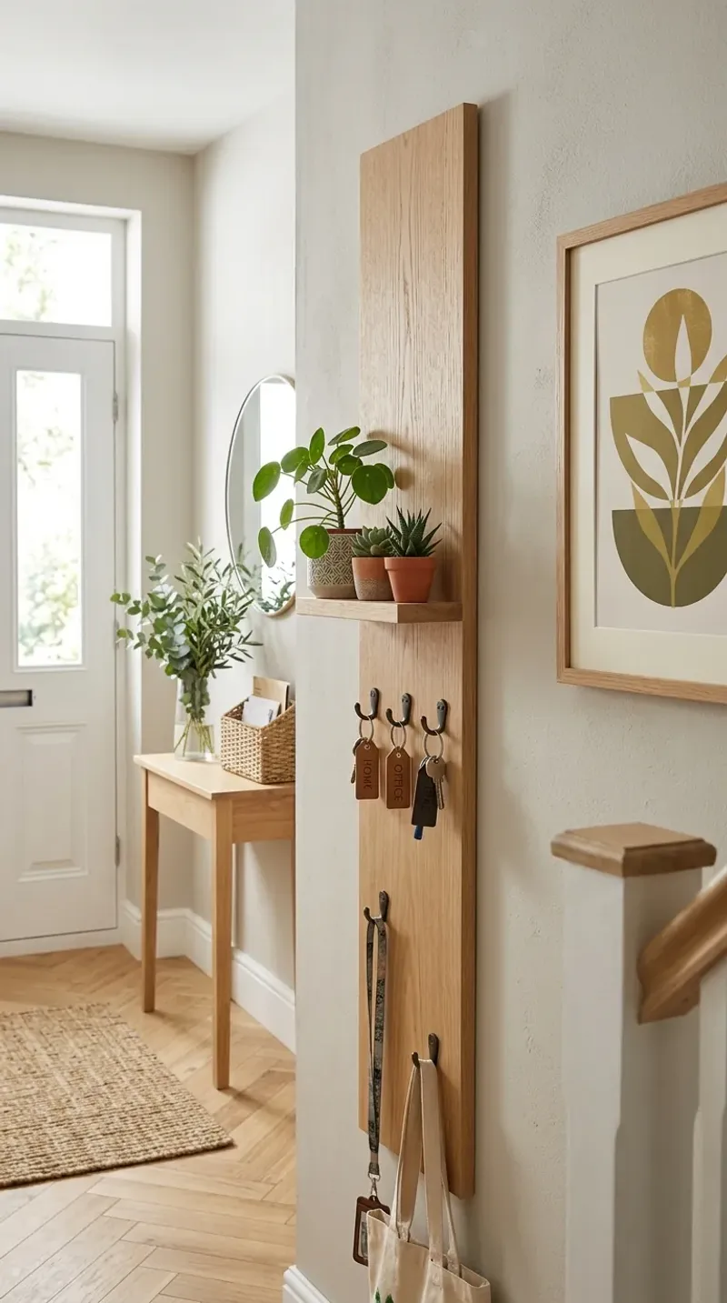 Modern vertical key holder mounted on narrow entryway wall holding keys and mail