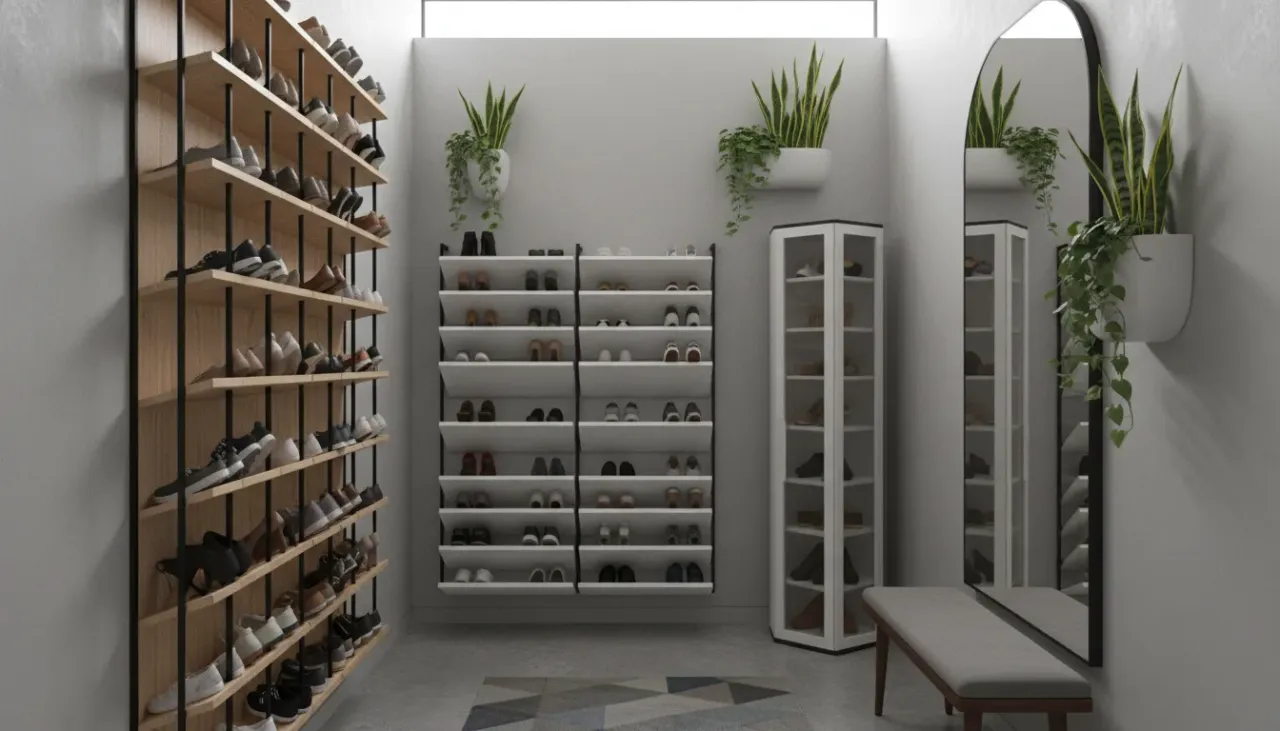 A sleek, floor-to-ceiling vertical shoe storage unit in a narrow, modern hallway with warm lighting.