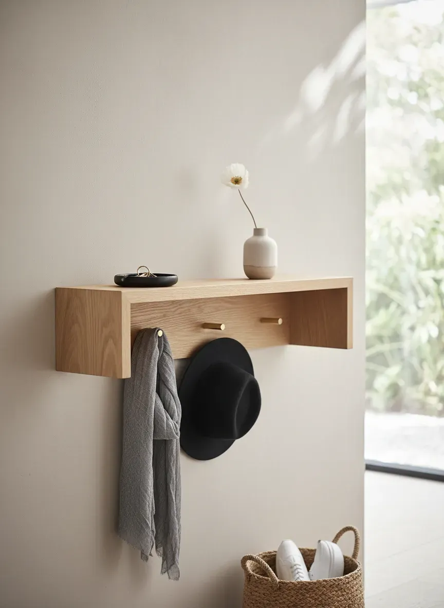 Minimalist oak wall mounted entryway console with brass hooks