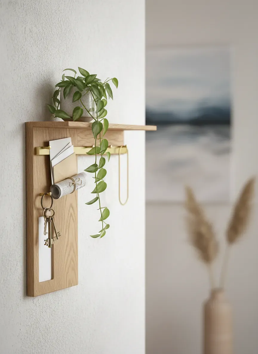Stylized wall mounted entryway organizer with keys, mail, and a small potted pothos