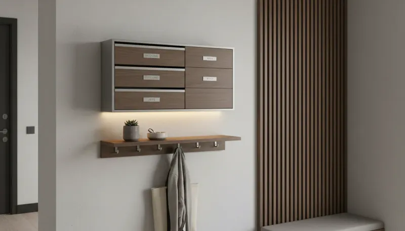 A modern entryway featuring a sleek wooden wall-mounted mail sorter filled with organized envelopes and keys hanging neatly below.