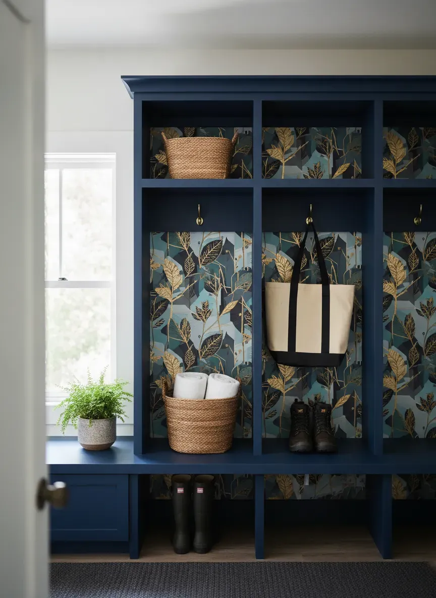 Geometric botanical wallpaper backing a navy blue mudroom cubby system
