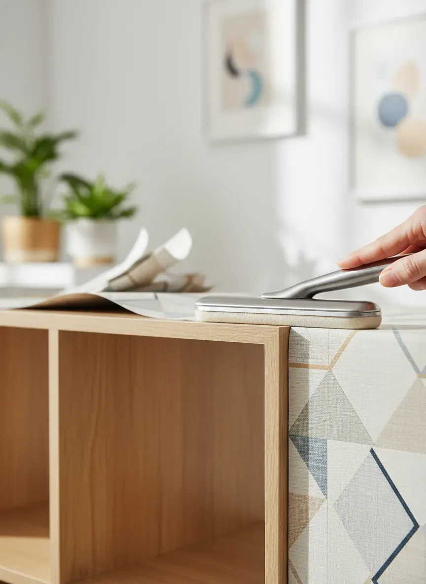 Close up of a smoothing tool applying peel and stick wallpaper to a wooden cubby back
