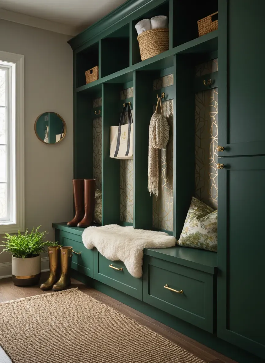 A fully styled mudroom featuring emerald green painted cabinets and a brass-accented wallpaper cubby back