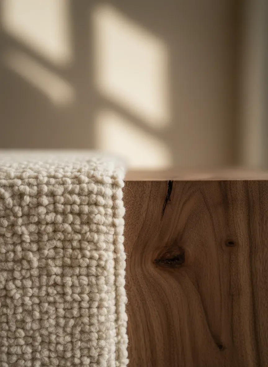 Close up detail of boucle fabric texture next to raw walnut wood grain
