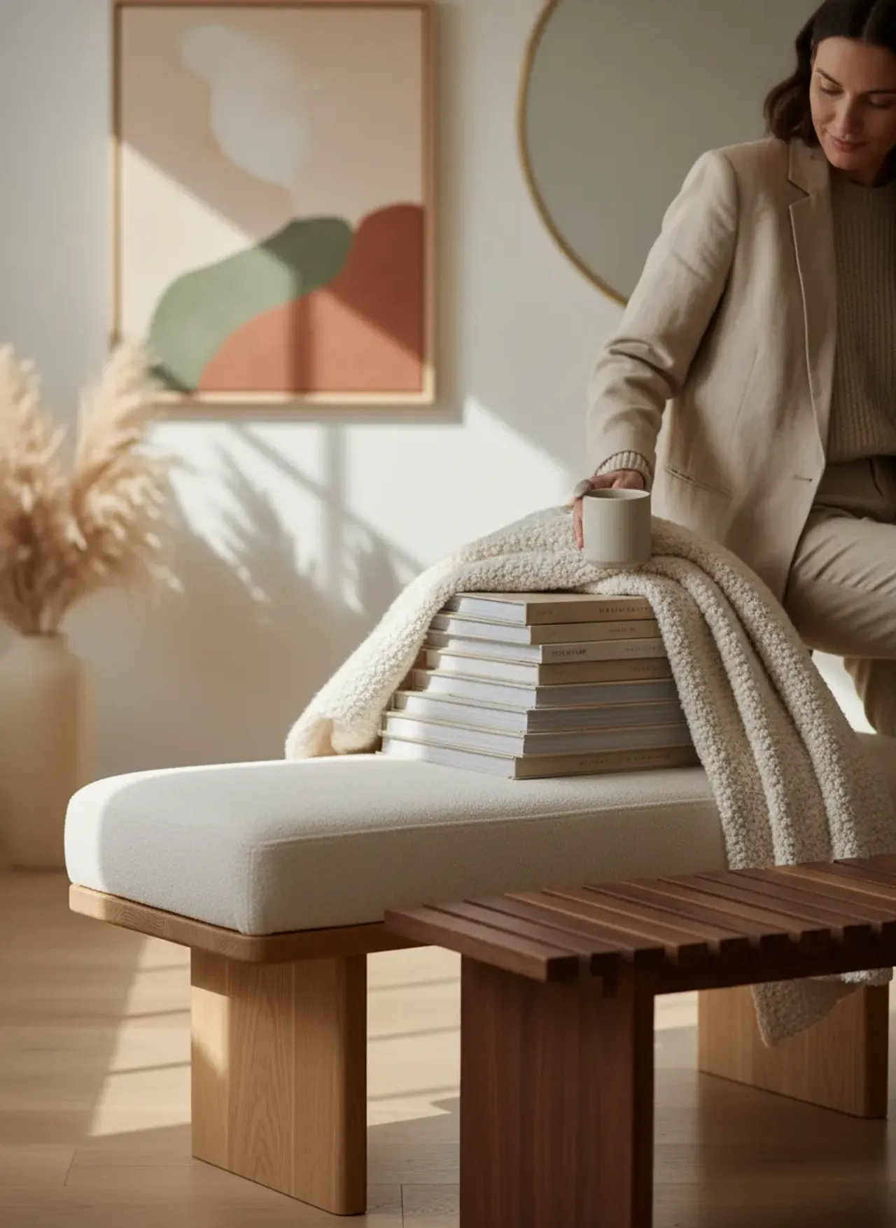 Professional SEO visualization for Warm Minimalism: Why Boucle and Solid Wood Benches are the 2026 Foyer Essential