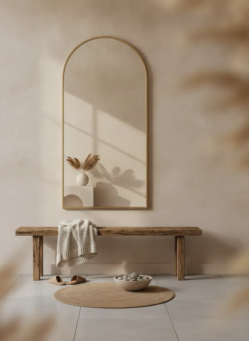 Warm minimalist entryway featuring textured limewash walls, an arched mirror, and a rustic wooden bench