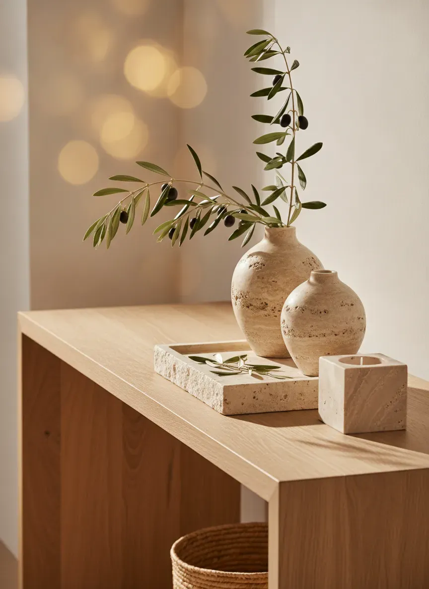 Close-up of a modern Mediterranean styled console table with travertine stone accessories and olive branches