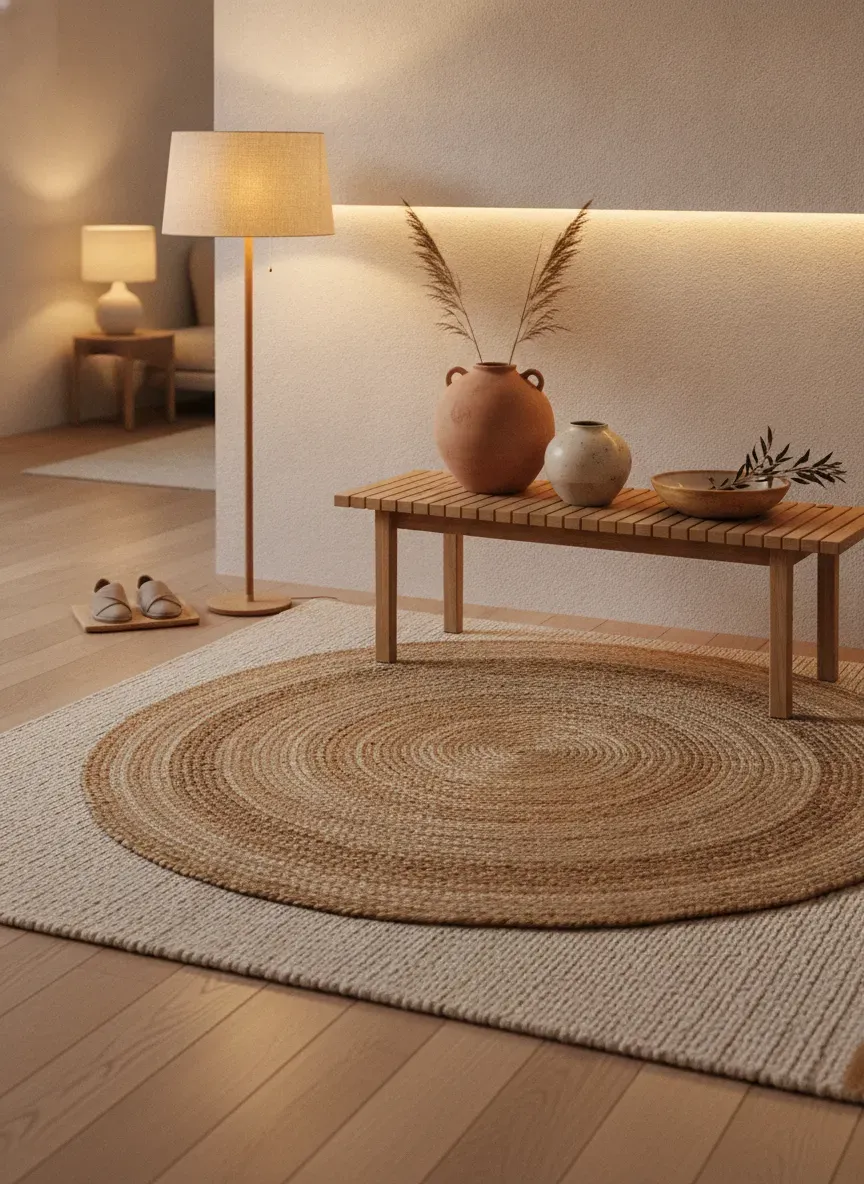 An organized, warm minimalist entryway showcasing natural fiber rugs, ceramic pottery, and soft ambient lighting