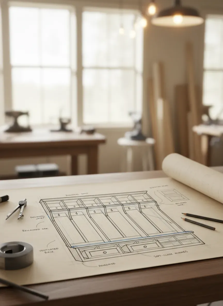 A detailed architectural sketch showing the anatomy of a custom mudroom locker build