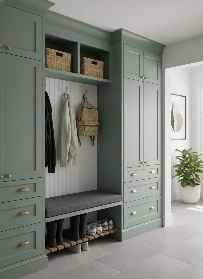Freshly painted custom mudroom lockers complete with beadboard backing and hardware