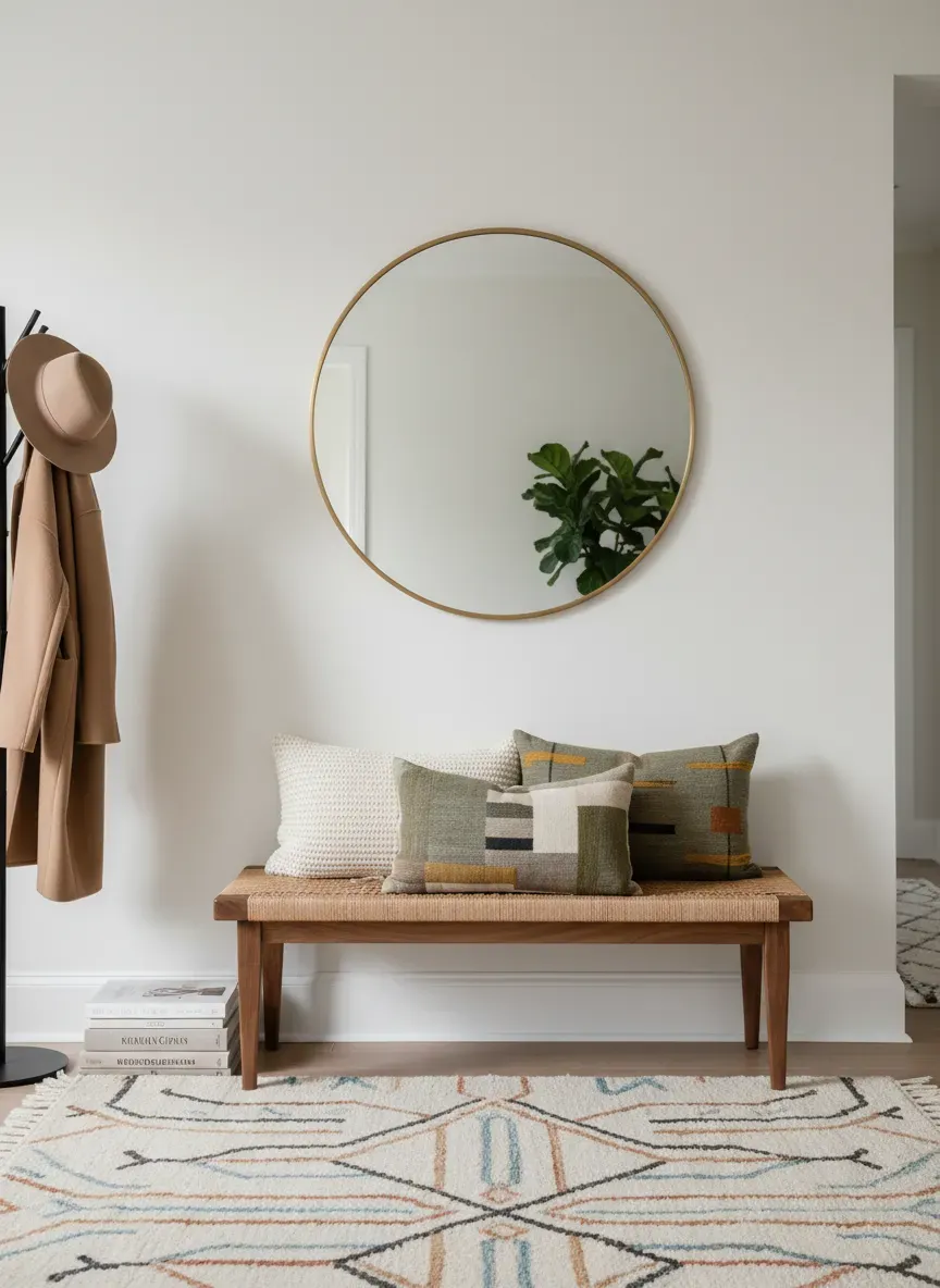 Styled entryway with mid-century bench, rug, and mirror