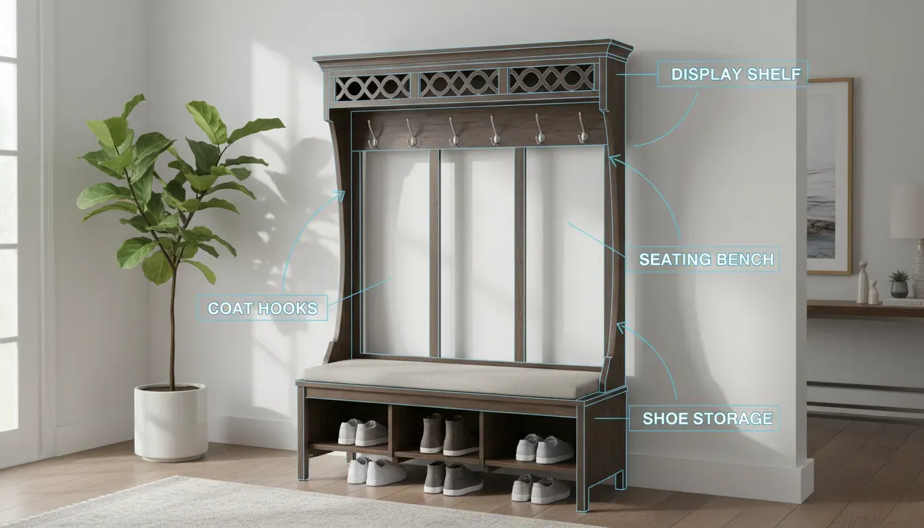 Diagram showing the different parts of a hall tree including hooks, bench, and shoe storage
