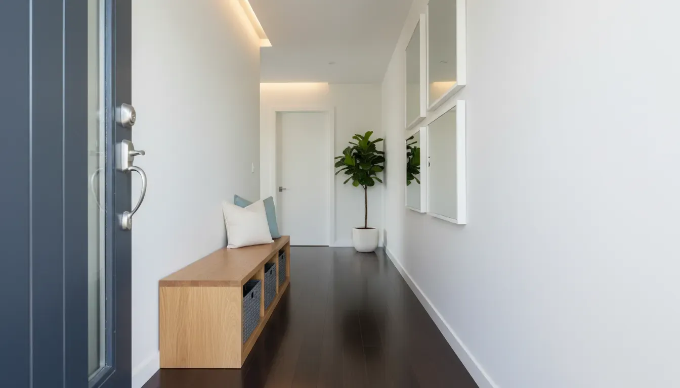 A narrow hallway entryway showing a slim profile storage bench placed against the wall with sufficient walking clearance