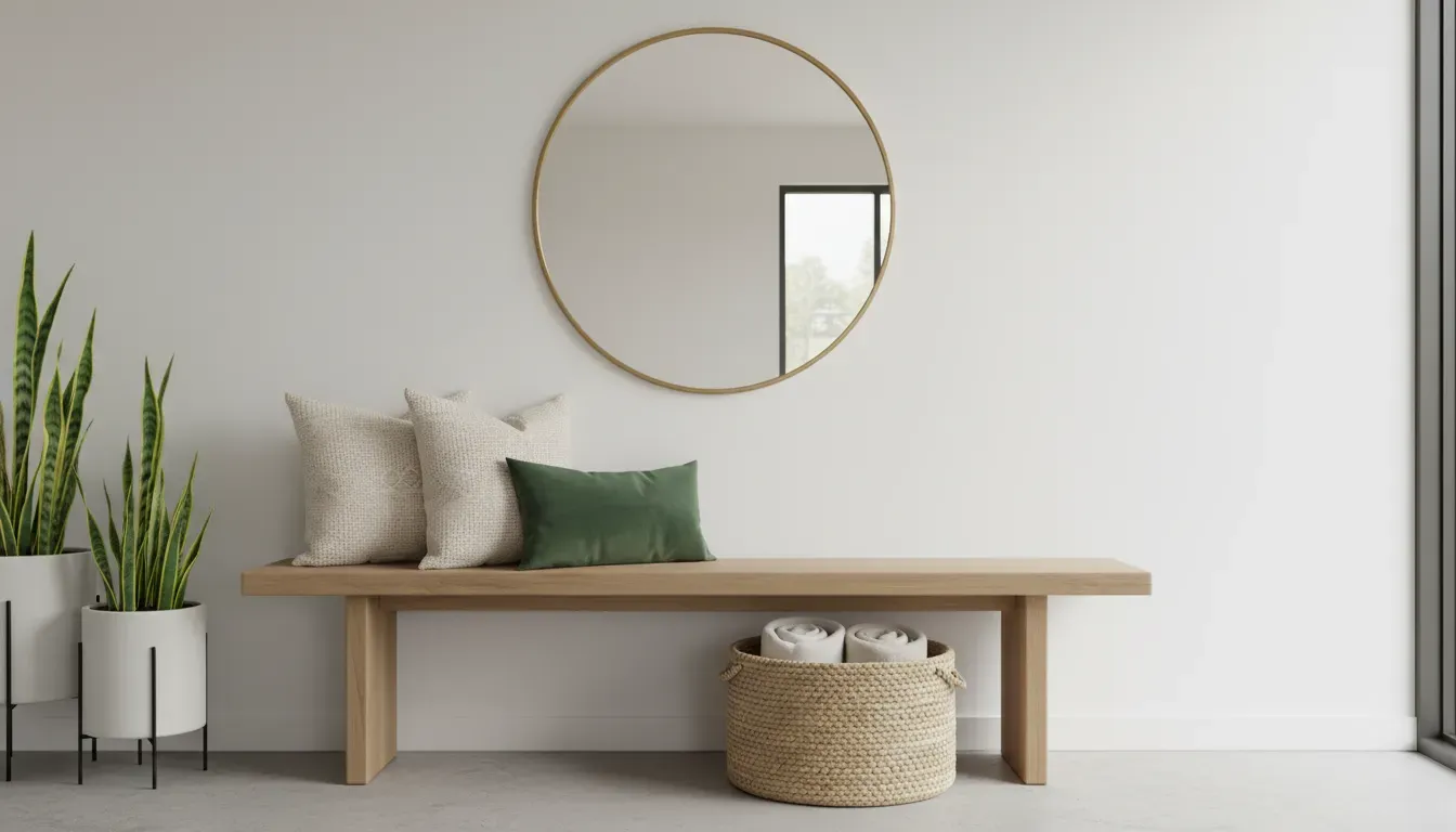 Detailed interior shot showing a styled entryway bench with throw pillows, a round mirror above, and a woven basket for texture