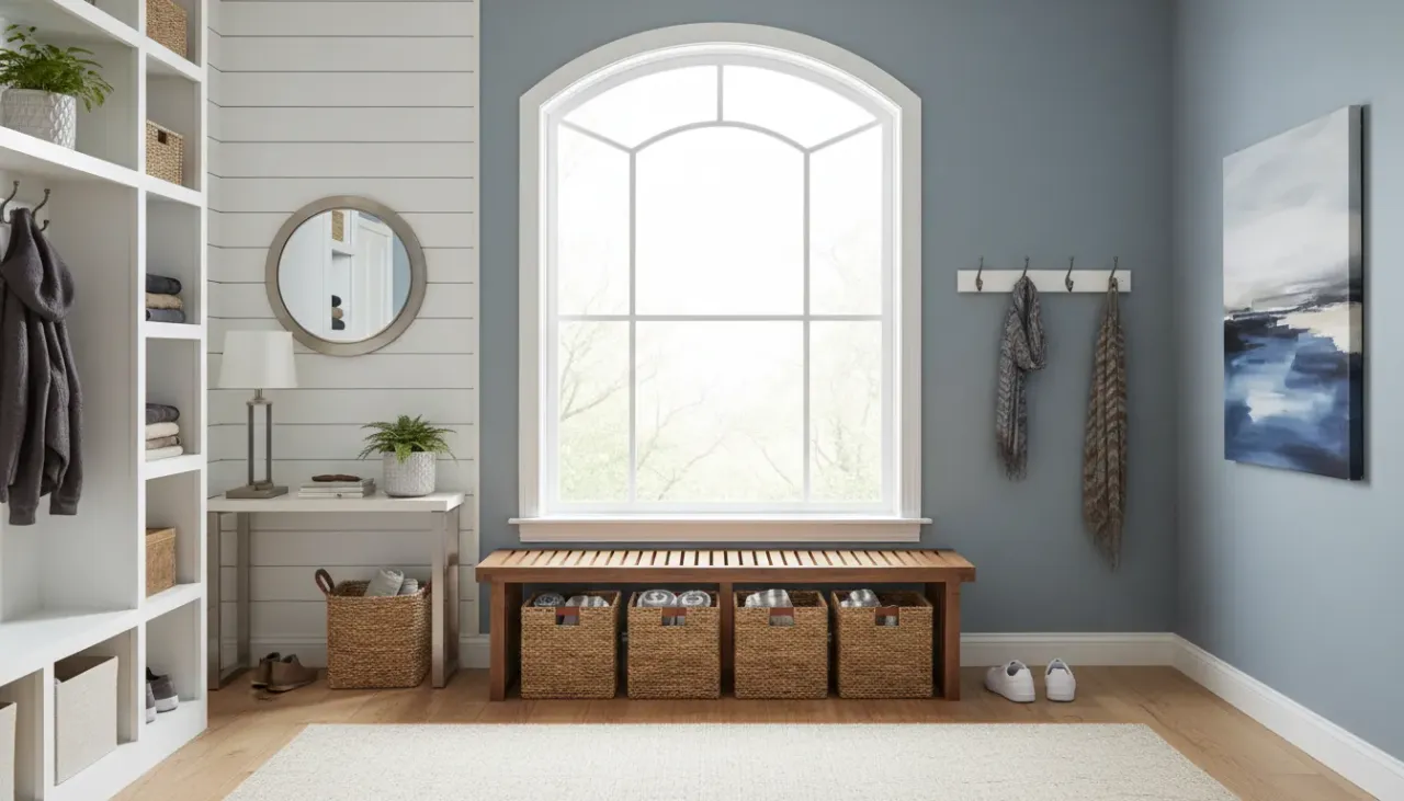 A modern entryway featuring a wooden storage bench positioned against a shiplap wall with coat hooks and a runner rug.