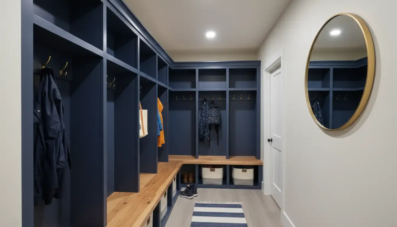 A narrow hallway transformed into a functional mudroom space with a slim profile navy blue built-in locker system featuring brass hooks and a natural wood bench seat.