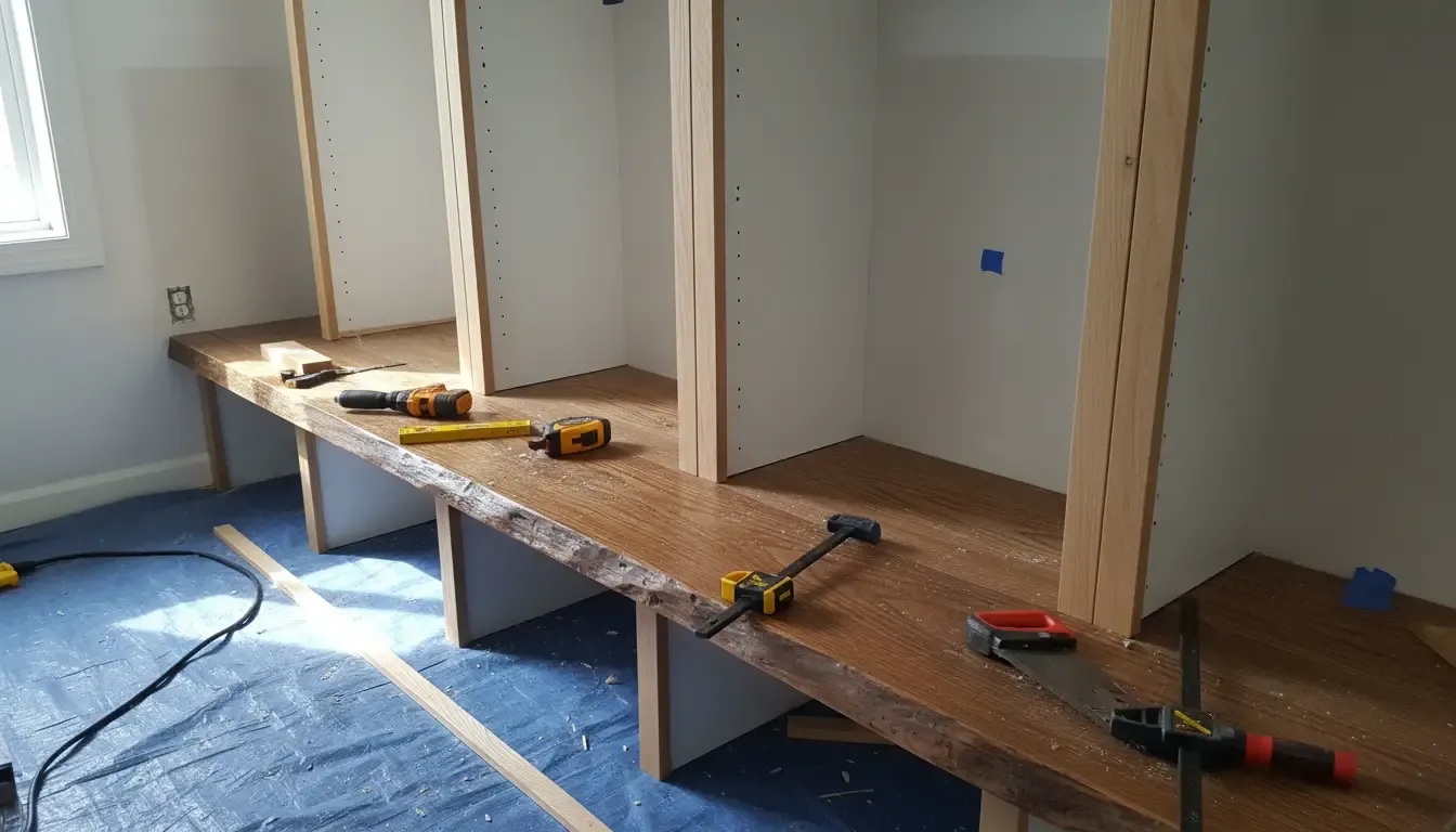A detailed close-up of a DIY mudroom locker project in progress showing white cabinets being framed with wood trim and a stained oak bench seat.