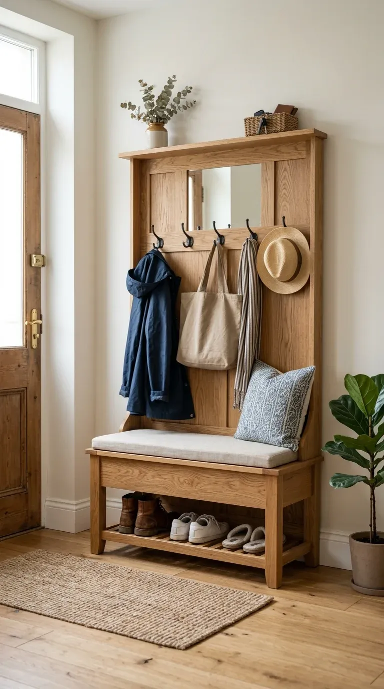 Original Photography: Real-world entryway setup with natural oak finish