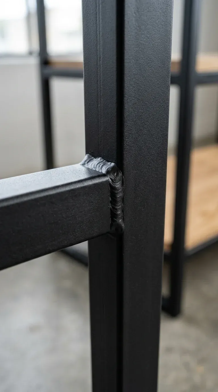 Original Photography: Close-up of metal frame weld points and powder-coating quality