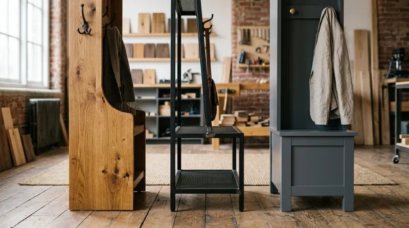 Original editorial photography for Wood vs. Metal vs. MDF: Which Hall Tree Material is Best?